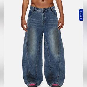 AELFRIC EDEN BAGGY BARREL DISTRESSED WASHED JEANS SIZE 34